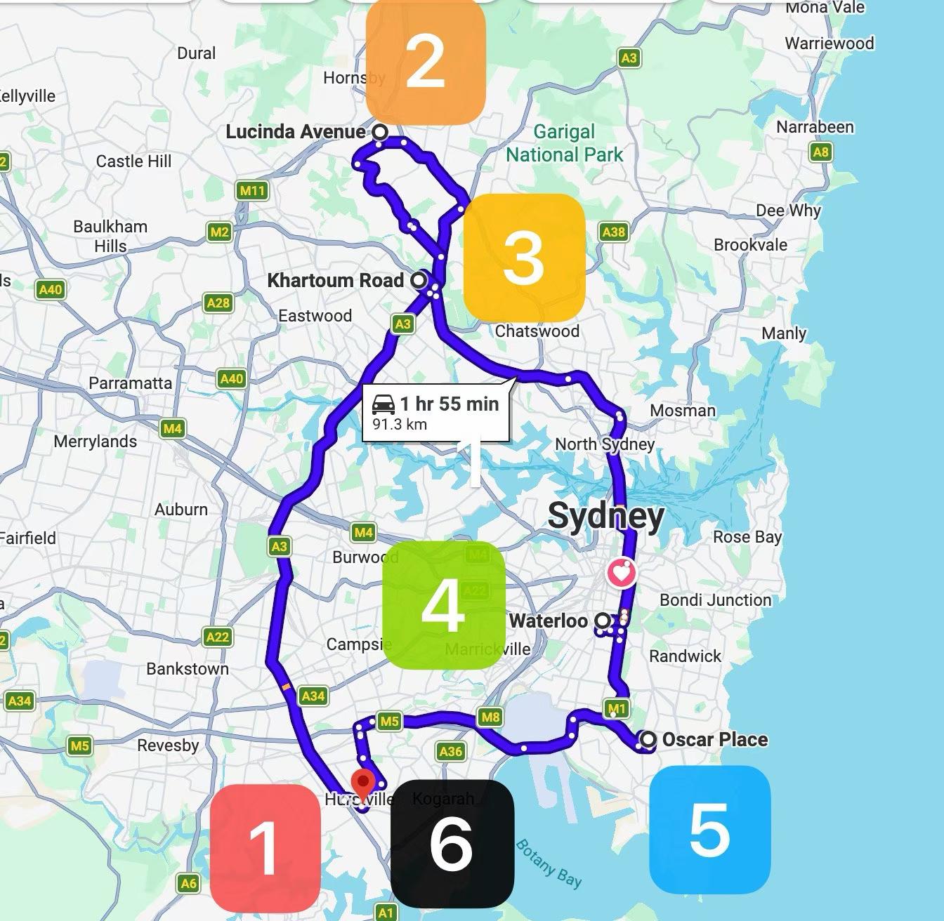 Google Maps route for 11 September 2026: Hurstville to Lucinda Avenue Wahroonga, Khartoum Road Macquarie Park, Waterloo, Oscar Place Eastgardens and back to Hurstville.
