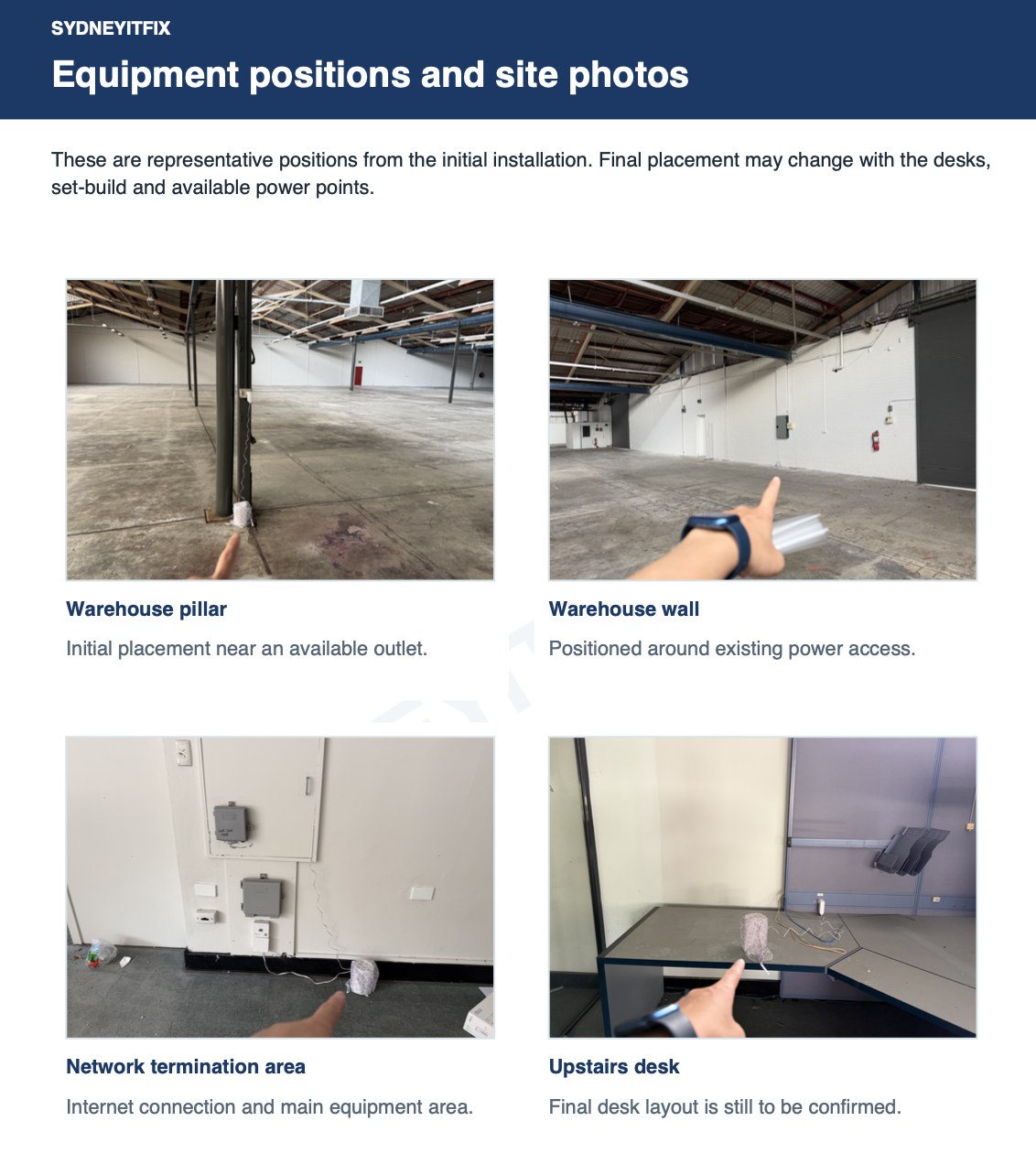 Report page showing equipment positions and site photos